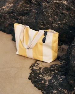 Strandväska Bomull 38x55x19,5cm Randig Gul/Vit